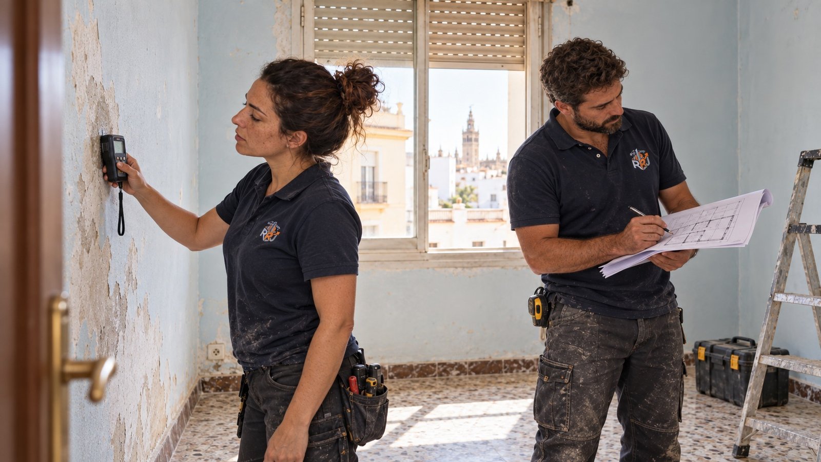 Equipo técnico revisando humedad y tomando medidas en una vivienda antigua