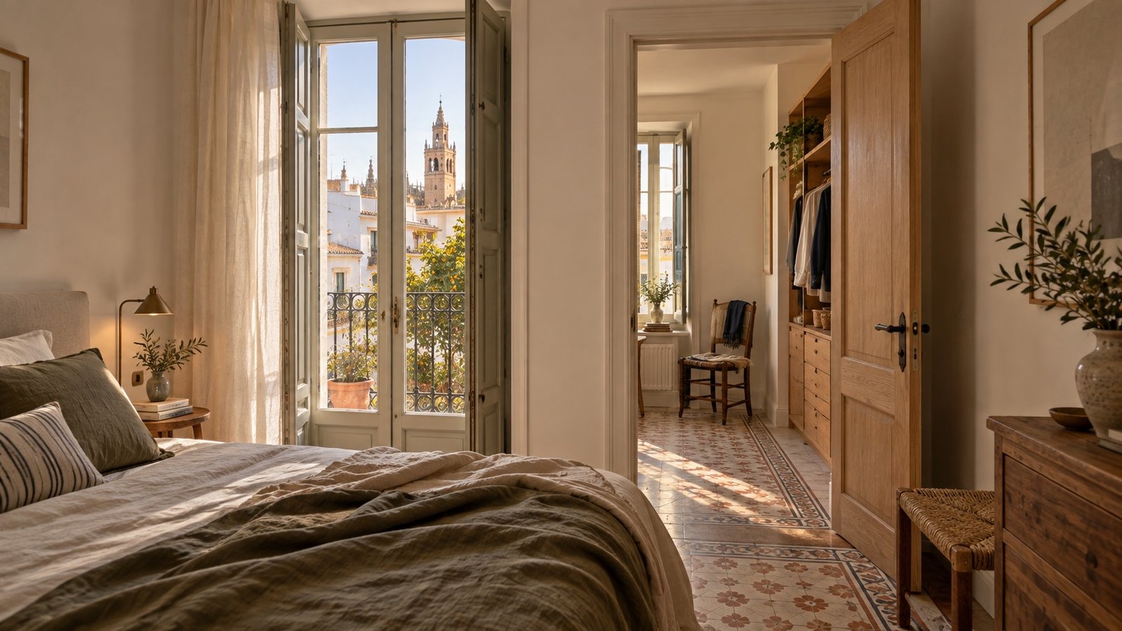 Dormitorio reformado conectado con un vestidor de madera en una vivienda de Sevilla