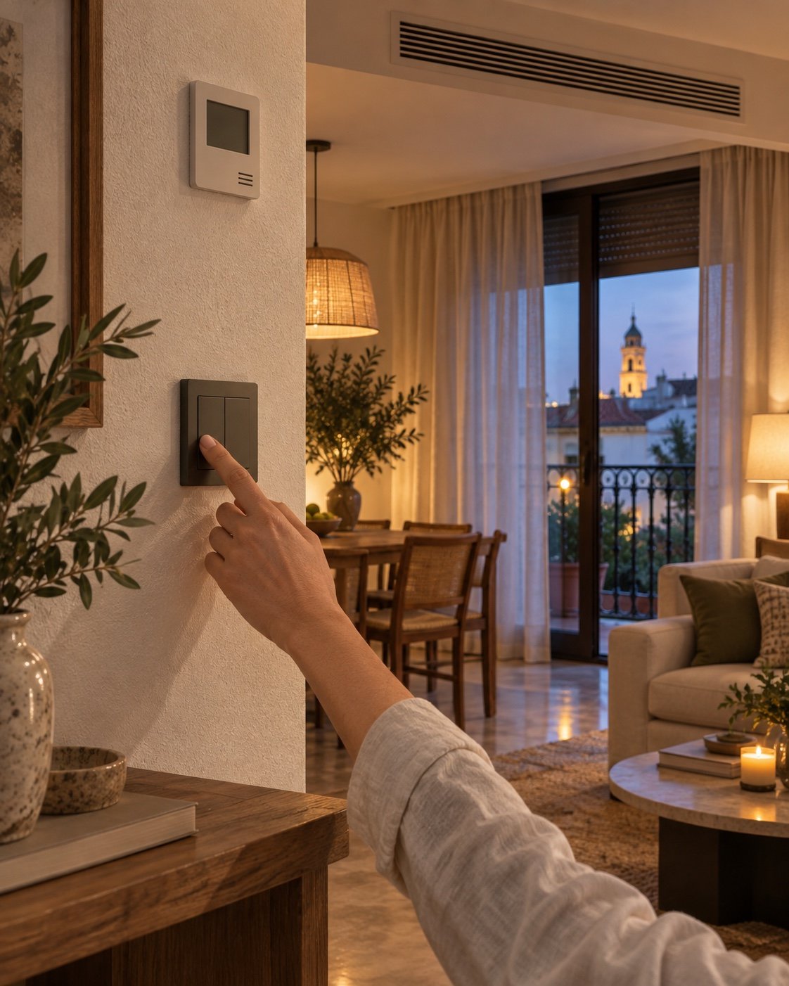 Salón reformado en Sevilla con iluminación cálida, climatización y persianas automatizadas